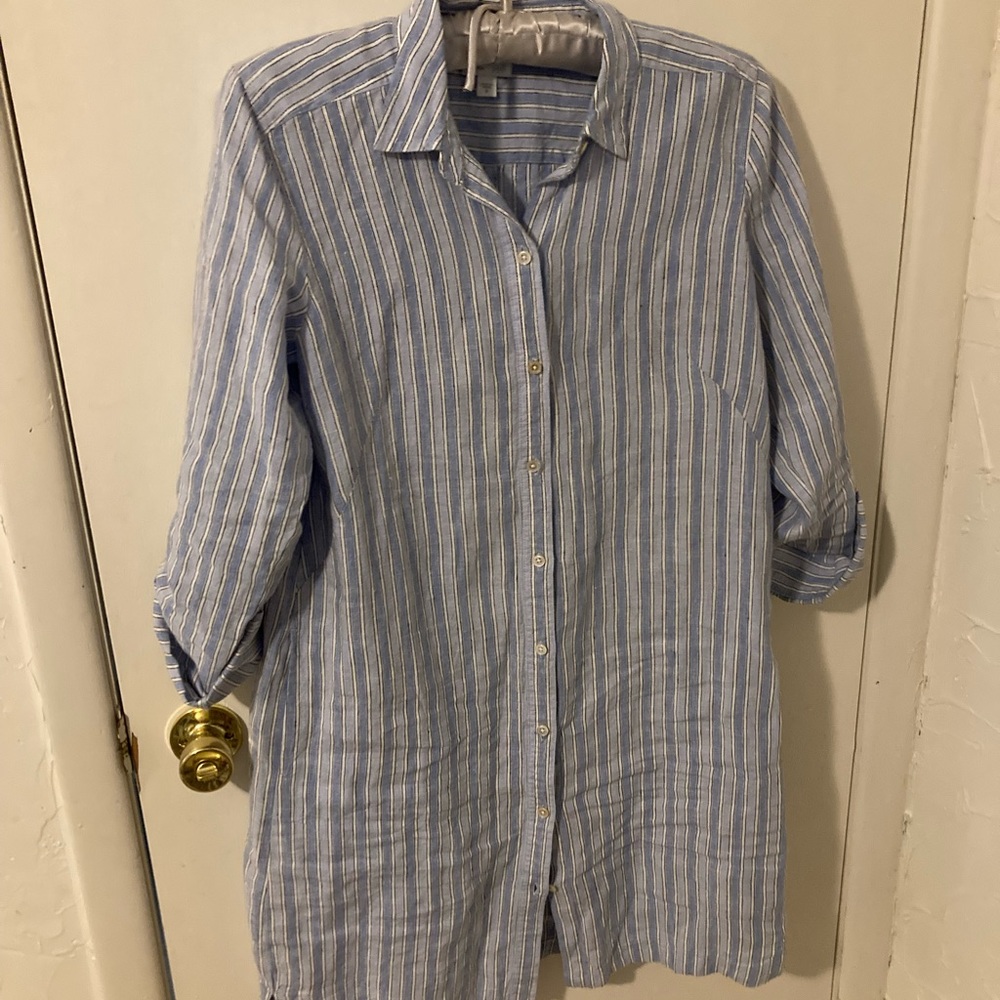 J Jill LOVE LINEN: 100% linen button down shirtdress, blue & white stripe.